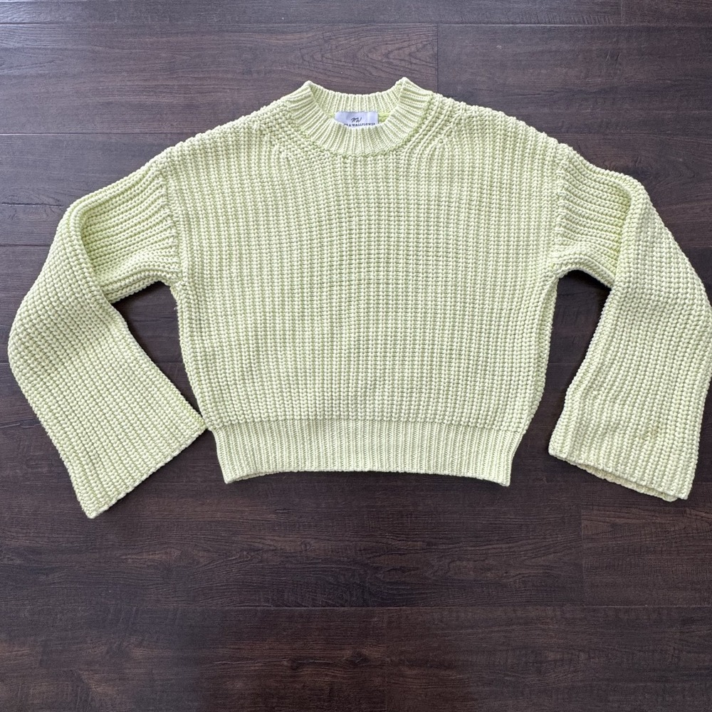 Never A Wallflower Sweater Small Yellow Green Chunky Knit Pullover Long Sleeve